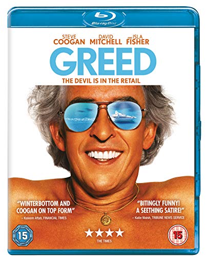 Greed" Blu-ray cover featuring Steve Coogan in sunglasses, smiling broadly.