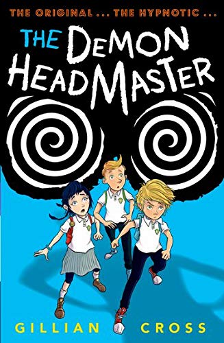 Book cover featuring three school children running beneath two large black hypnotic spirals.