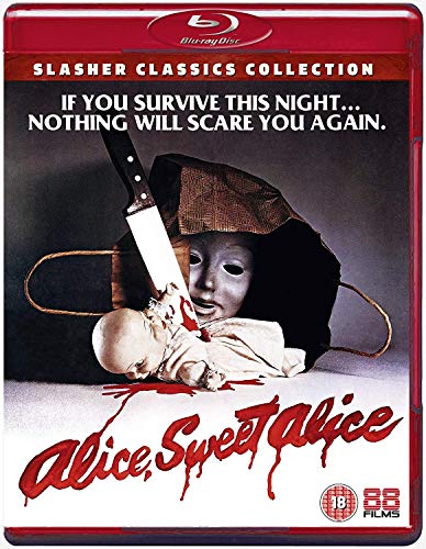 Blu-ray cover for horror film "Alice, Sweet Alice" featuring a masked figure and knife.