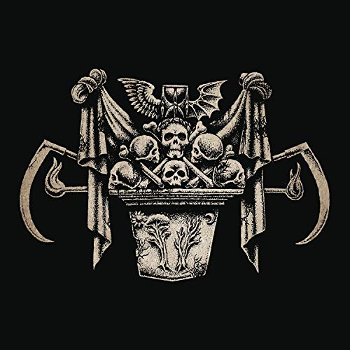 Dark, detailed illustration of skulls, hourglass, and draped fabric on black.