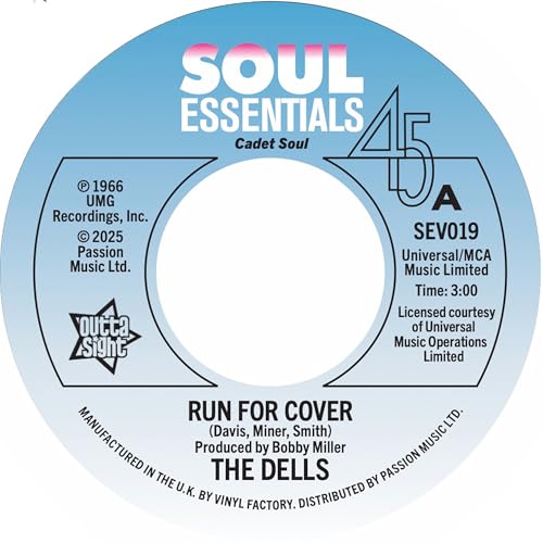 Blue and white vinyl record label for The Dells’ “Run For Cover.”