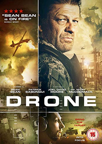 DVD cover for "Drone" featuring Sean Bean and warzone imagery.
