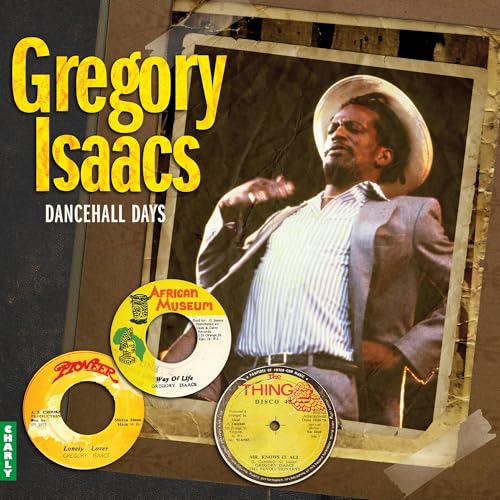 Gregory Isaacs album cover with portrait, record labels, and distressed border.