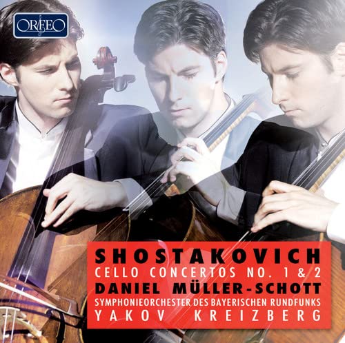 CD cover featuring three cellists playing, with text “Shostakovich Cello Concertos.”
