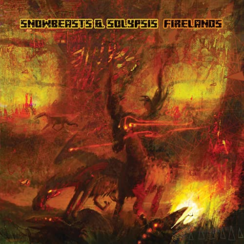 Dark fantasy artwork with a creature and fiery background and yellow text at top.