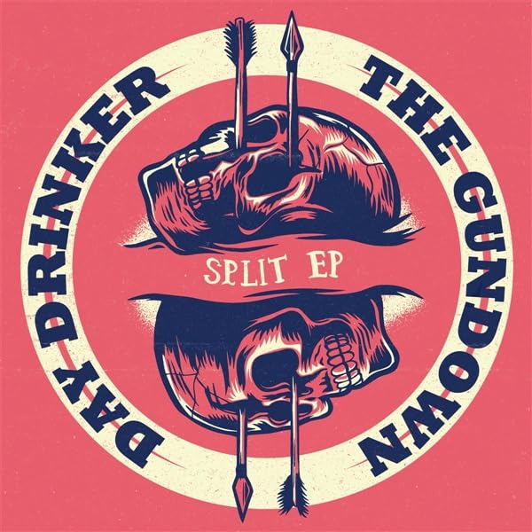 Two mirrored skulls pierced by arrows on a pink circular background with text.