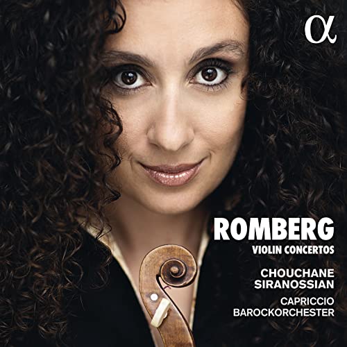Close-up of violinist Chouchane Siranossian with violin scroll, album cover.