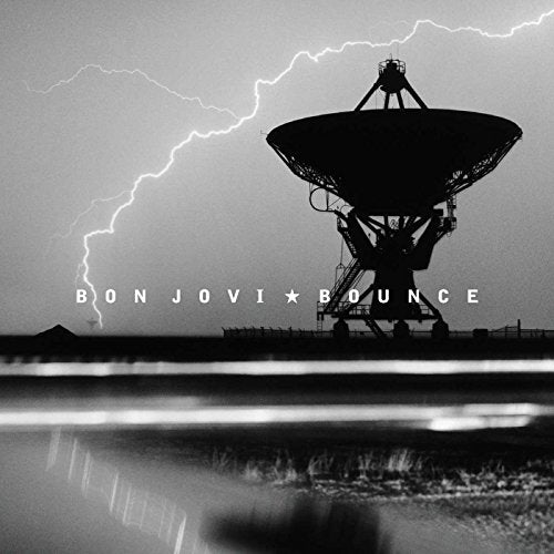Bon Jovi “Bounce” album cover: radio telescope silhouetted against lightning.
