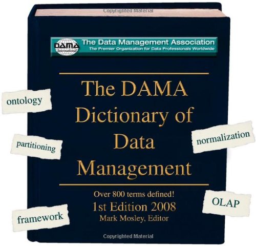 Dark blue book cover, “The DAMA Dictionary of Data Management,” with paper tags.