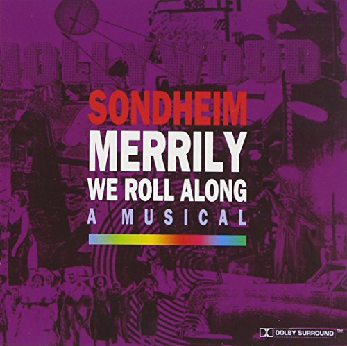 CD cover for “Merrily We Roll Along” musical, purple and gold lettering.