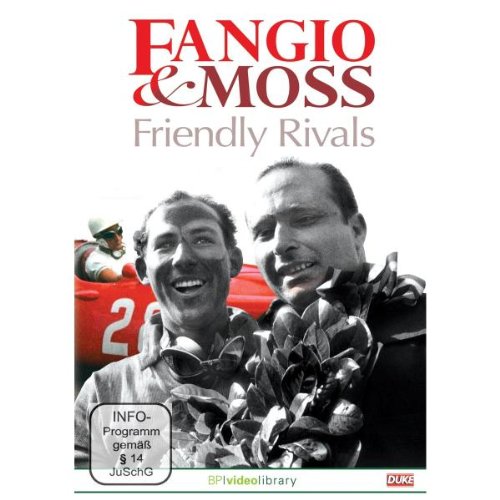 DVD cover featuring smiling portraits of racing drivers Juan Manuel Fangio and Stirling Moss.