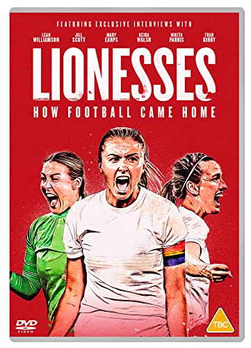 DVD cover for “Lionesses: How Football Came Home” featuring female footballers.