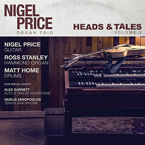 CD cover for Nigel Price Organ Trio’s “Heads & Tales Volume 2” with instruments.