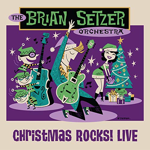 Retro-style album cover for "Christmas Rocks! Live" featuring musicians and gifts.