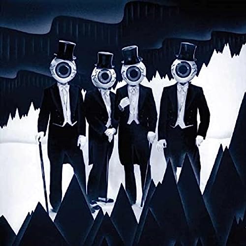 Four figures with eye heads and top hats against a dark background.