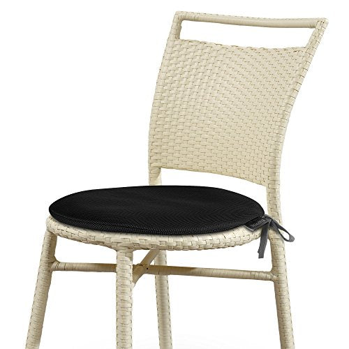 Wicker chair with a black cushioned seat, viewed at a slight angle.