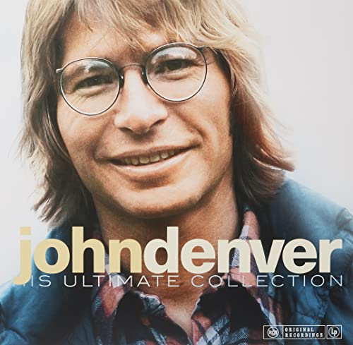 Close-up portrait of John Denver wearing glasses with text overlay on a vinyl cover.