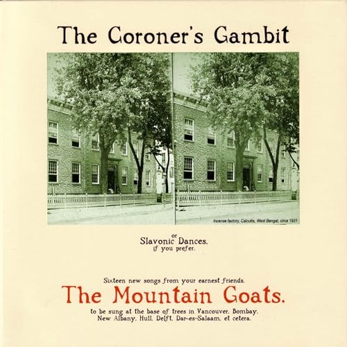 CD cover for The Mountain Goats’ “The Coroner’s Gambit” with a building image.