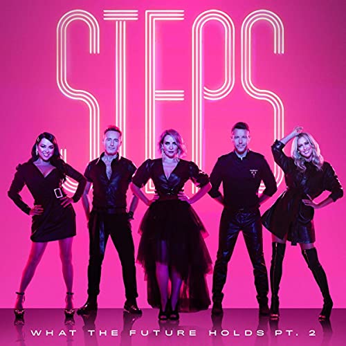 Steps band members in dark clothing against a pink neon background.