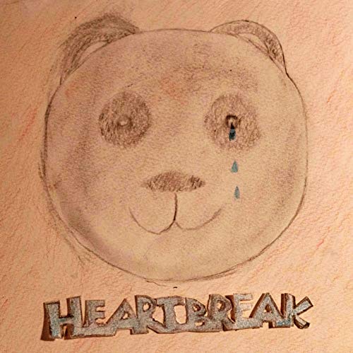 Panda face sketch with teardrops above wooden "HEARTBREAK" letters.
