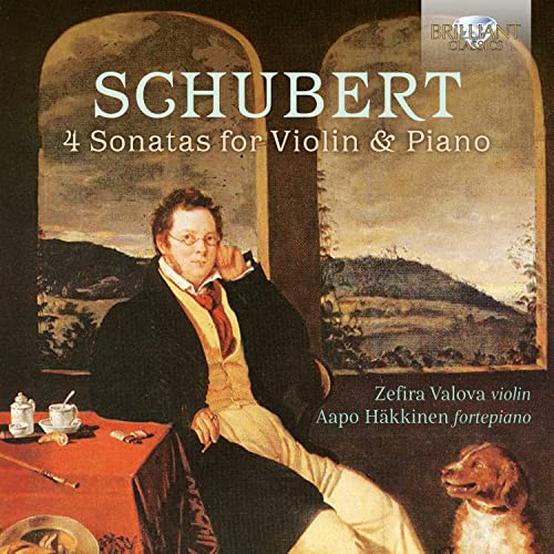 CD cover: portrait of Franz Schubert with violin, piano, and dog.