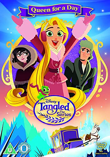 DVD cover for Tangled: The Series, featuring Rapunzel, Eugene, and Cassandra in winter clothes.