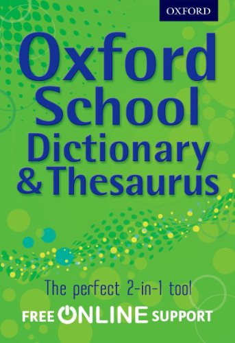 Cover of the Oxford School Dictionary & Thesaurus book with green background and circles.