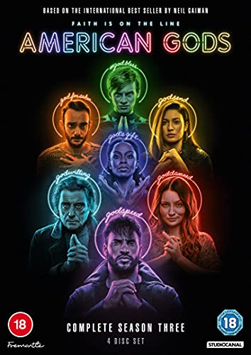 “American Gods” Season Three DVD cover with diverse faces in glowing circles.