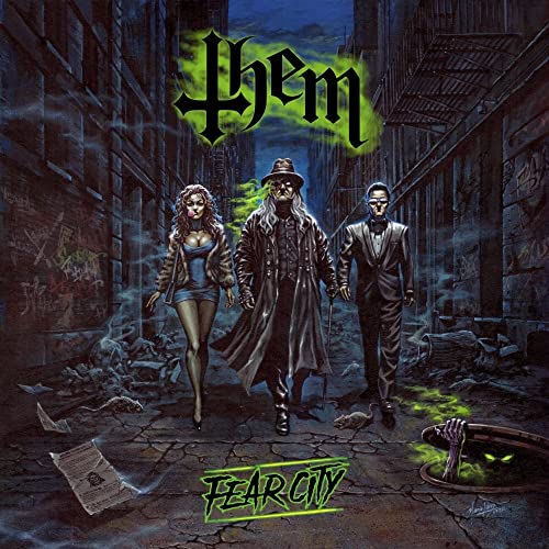 CD cover for “Fear City” by Them, showing three figures in a dark alley.