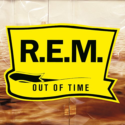 R.E.M. “Out of Time” vinyl record cover with yellow and black design.