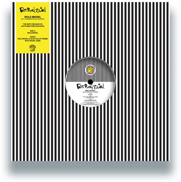 Black and white striped vinyl record with yellow label detail.