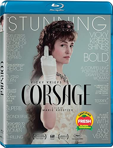 Corsage" Blu-ray cover featuring Vicky Krieps in historical attire, giving the middle finger.