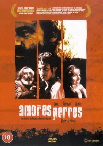 DVD cover for Amores Perros featuring three character portraits against an orange background.