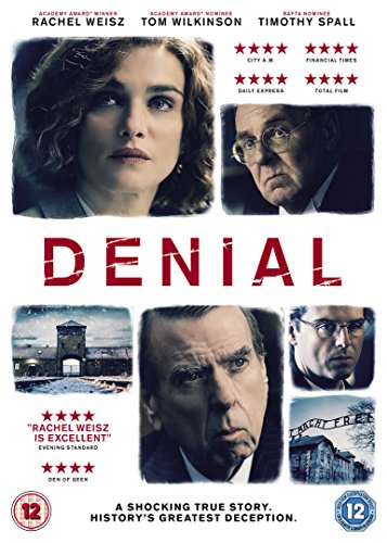 DVD cover for "Denial" featuring Rachel Weisz and Timothy Spall, with historical imagery.