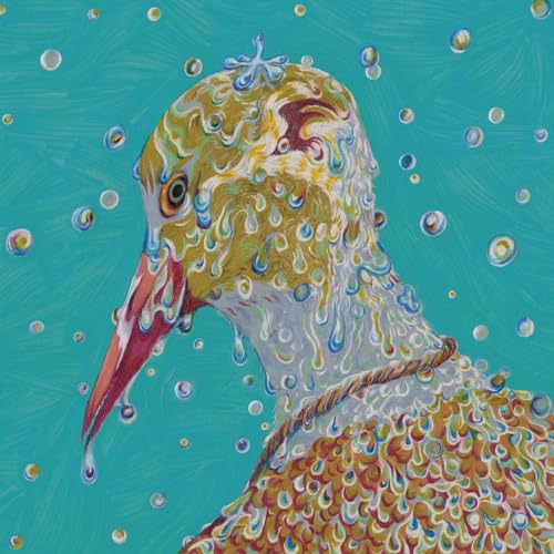 Painted bird head with dripping texture on a teal background.