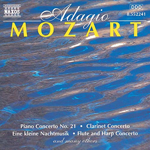 CD cover for “Adagio Mozart” with blue, swirling abstract artwork.