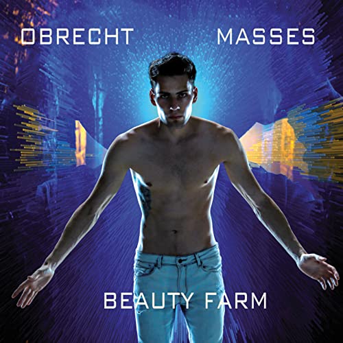 Shirtless man standing against a blue, abstract, digital-style background with text overlay.