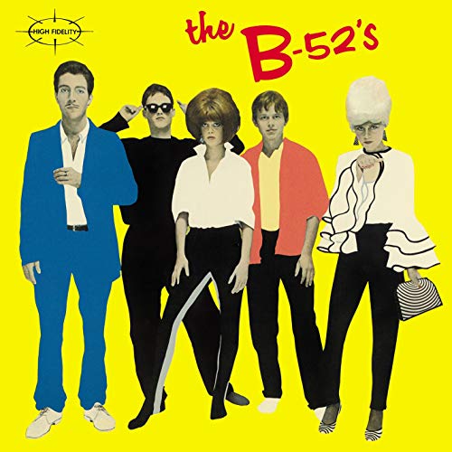 The B-52’s debut album cover featuring five people in retro clothing.