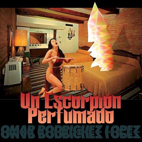 Album cover: woman playing drums in a room with a glowing sculpture.