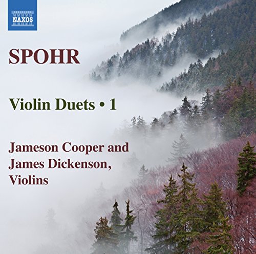 CD cover for Spohr’s Violin Duets featuring a misty mountain landscape.