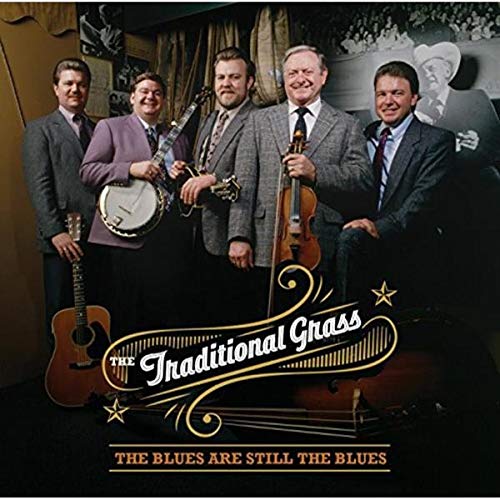 Five musicians with string instruments on a CD cover for Traditional Grass.