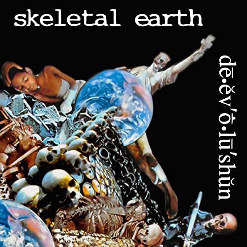 Collage of figures, skulls, and Earth imagery on a black background.