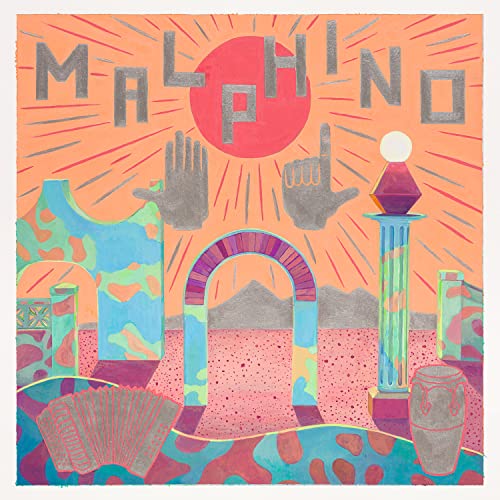 Album cover for Malphino's "Sueno Ep" featuring surreal, colorful architecture.