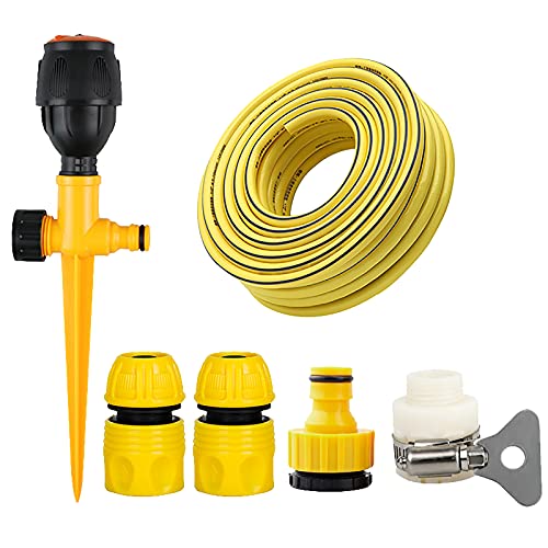 Yellow rotating lawn sprinkler, hose, and various connector pieces.