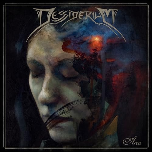 Album cover for Dessiderium’s “Aria” featuring a painted face and fiery landscape.
