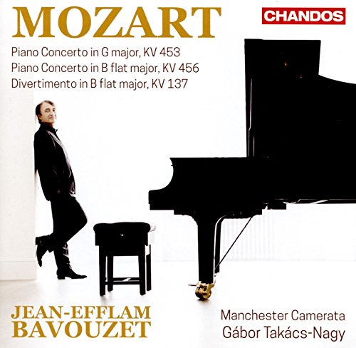 CD cover: pianist Jean-Efflam Bavouzet with a grand piano, text “MOZART”.
