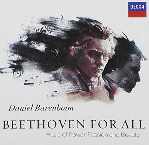 Classical music CD cover with Beethoven's portrait and musical notes on gray background.