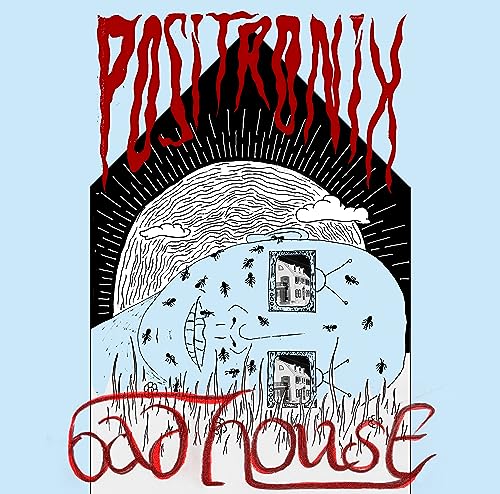 Album cover for Positronix’s “Bad House” with illustrated landscape and houses.