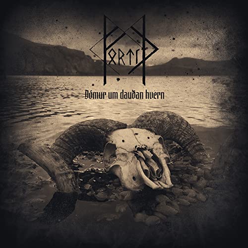 CD cover: ram skull on a rocky shore with mountains in the distance.