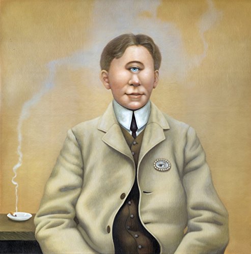 Painting of a cyclopean man in a beige suit with a smoking cigarette nearby.